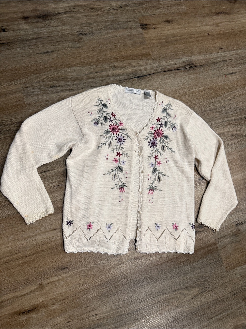 Vintage Embroidered Cream V-Neck Women's Sweater Cardigan Ramie Cotton